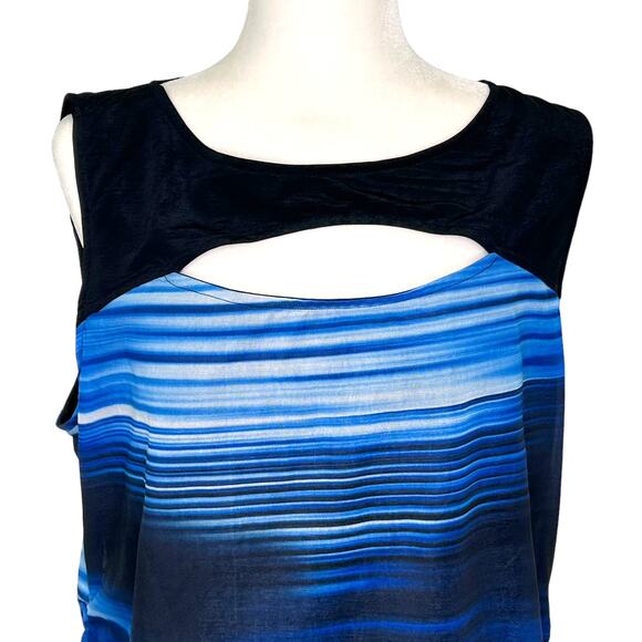 Lane Bryant Black Blue Striped Sleeveless Top Cut Out Design Ruched Sides - Picture 2 of 9